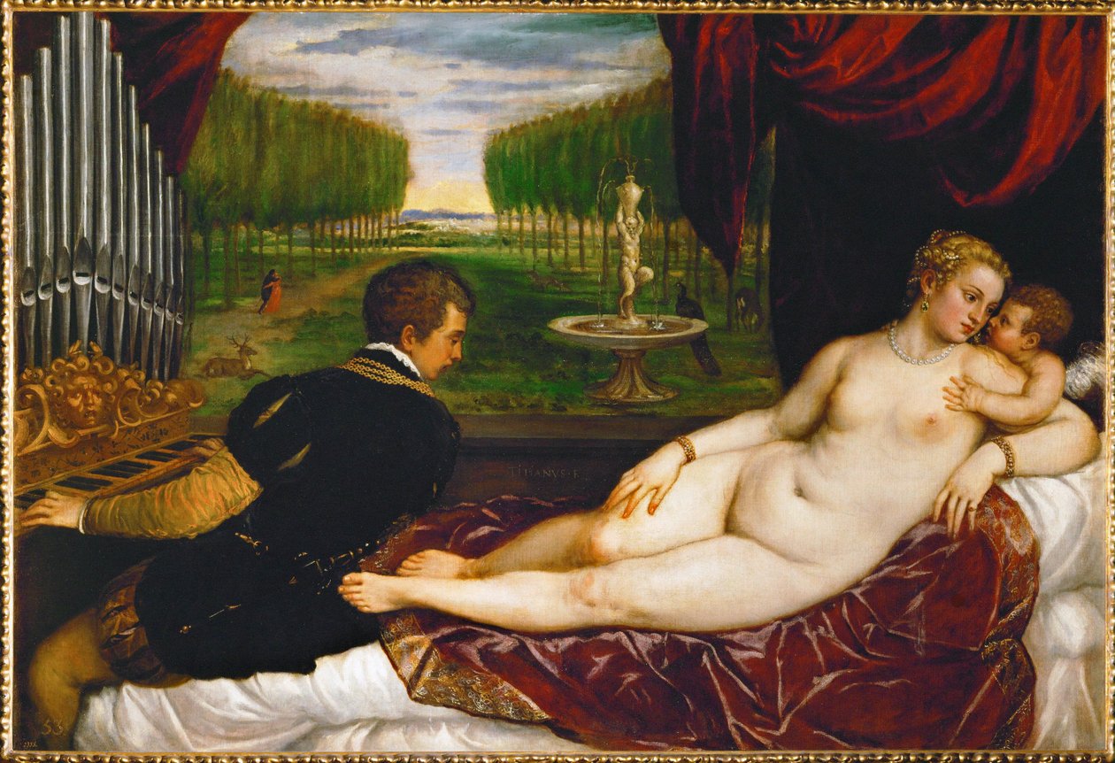 Wenus, Kupidyn i organista ... (obraz na płótnie) autorstwa Titian (c.1488 1576)