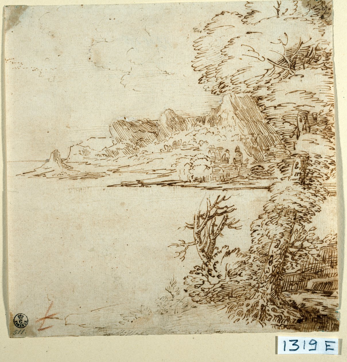 Näkymä vuoristoiselle rannikolle (muste paperille) kiillotettu autorstwa Titian (c.1488 1576)