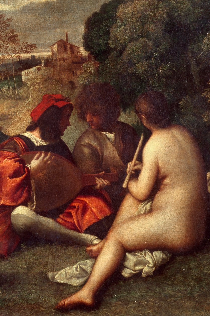 Koncert zespołu Muzycy na trawie, kobiety są nagie. Szczegół. Obraz przypisywany Tiziano Vecellio dit le Titian (1485-1576) lub Giorgio da Castelfranco dit Giorgione (1476/1478-1510) Nd. 1,05 X 1,36 m Paryż, musee du Louvre autorstwa Titian (c.1488 1576) (attr. to)