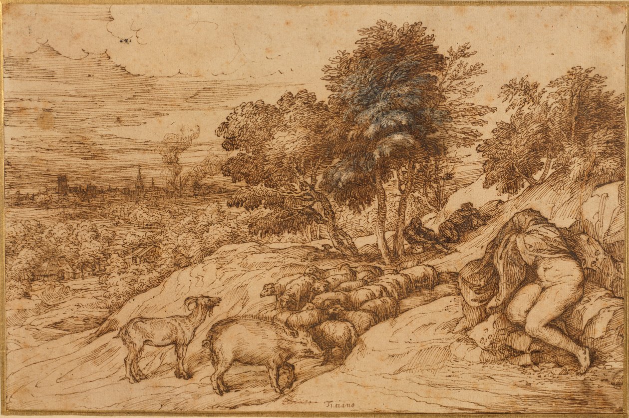 Drzewny pejzaż z nagą kobietą, z głową ukrytą pod płaszczem (długopis i brązowy tusz na kremowym papierze) autorstwa Titian (c.1488 1576)