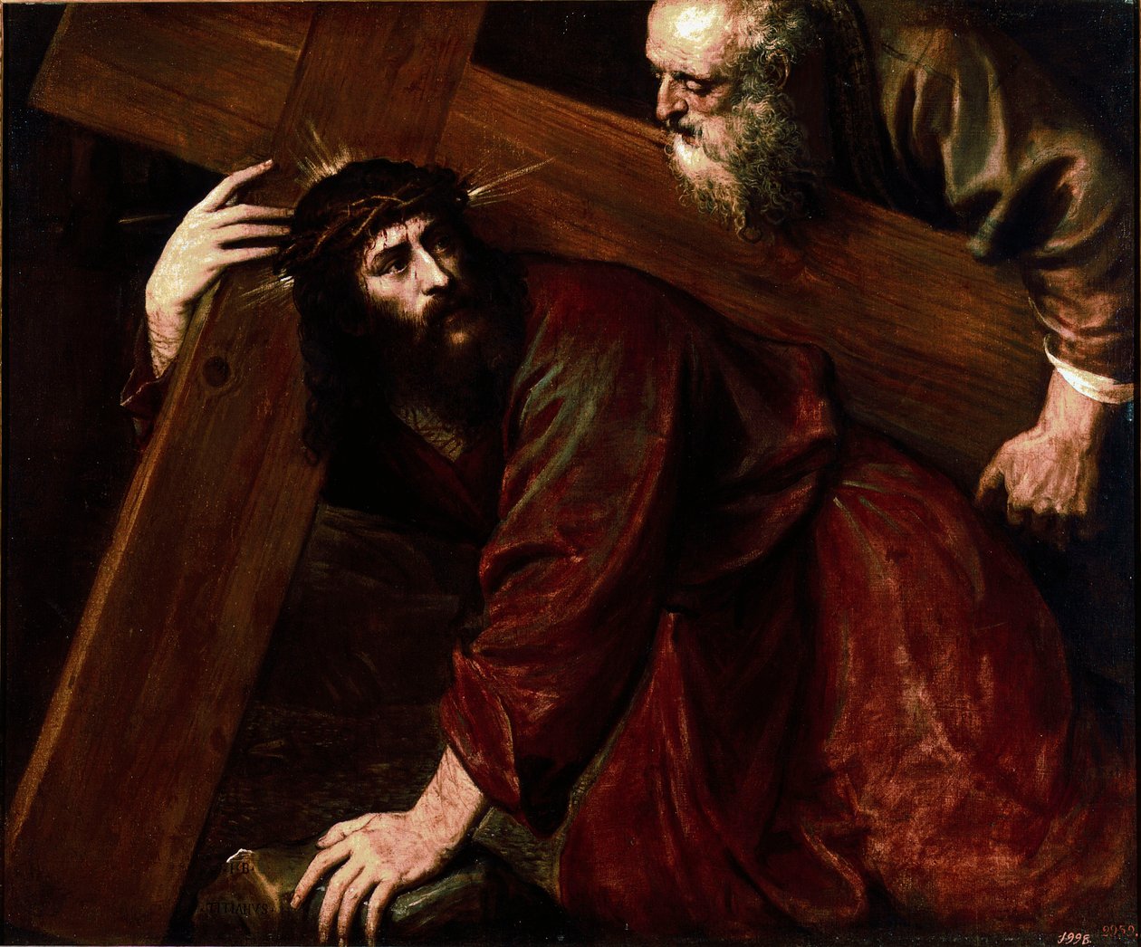 Chrystus i Szymon Cyrenejczyk Szymon Cyrenejczyk (Cyrenejczyk) pomagają Jezusowi nieść krzyż. Obraz Tiziano Vecellio zwany Tycjanem (1485-1576) autorstwa Tiziano Vecelli