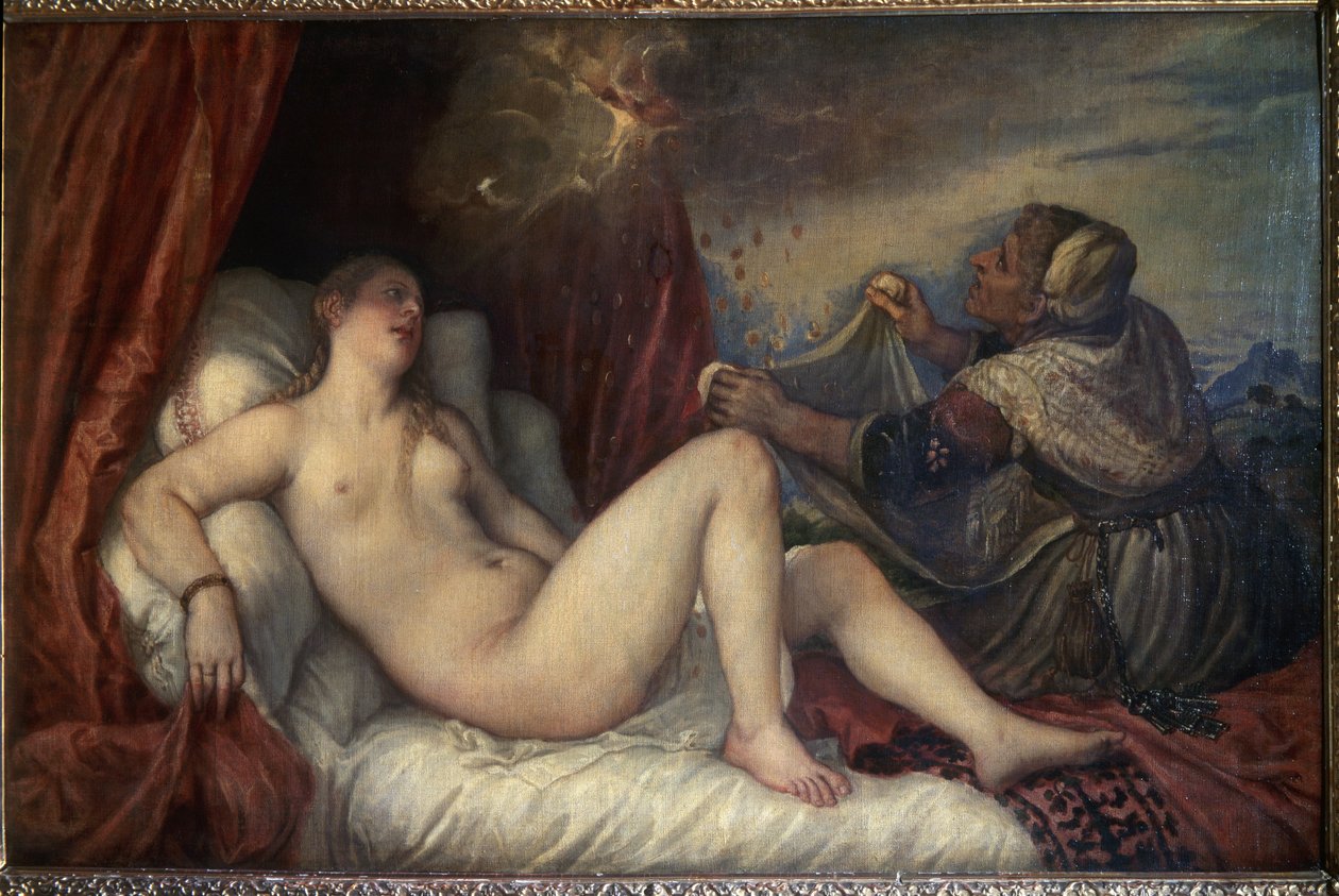 Danae. Mitologia grecka: Zeus przedstawia się Danae w postaci deszczu złotych monet, aby ją uwieść. Obraz autorstwa (iziano Vecellio powiedział Tycjan (Vecelli lub Tiziano da Cador autorstwa Tiziano Vecelli