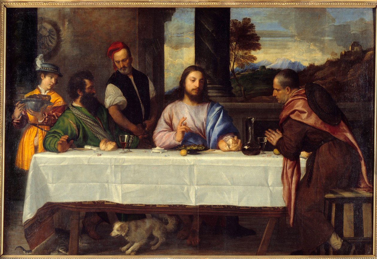 Kolacja w Emaus Spotkaj Jezusa z pelerinami. Obraz Tiziano Vecellio dit le Titian (1485-1576) XVI w. Słońce. 1,69x2,44 m² autorstwa Titian (c.1488 1576)