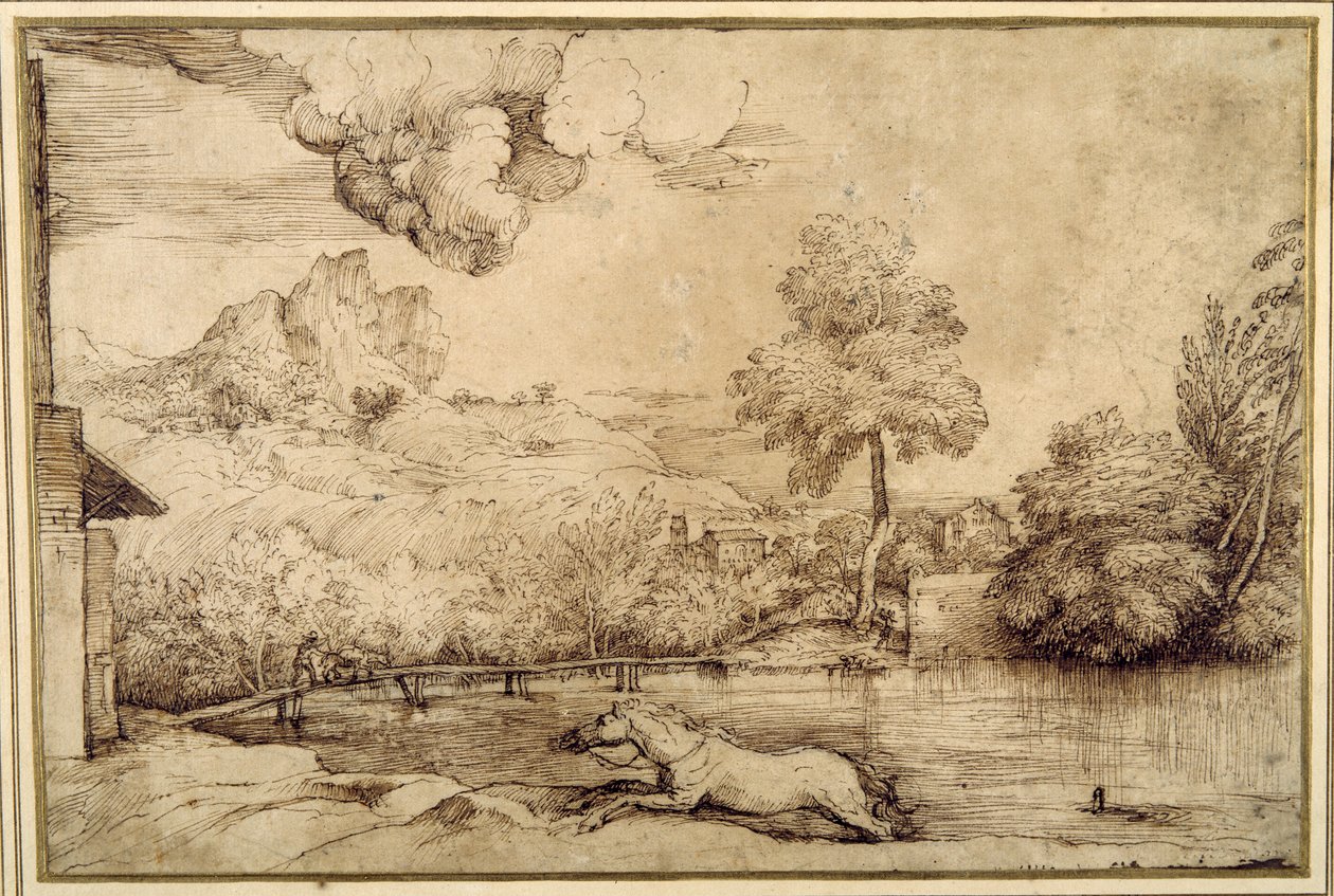 Krajobraz: koń bez jeźdźca ścigany przez węża (pióro i brązowy tusz na kremowym papierze) autorstwa Titian (c.1488 1576)