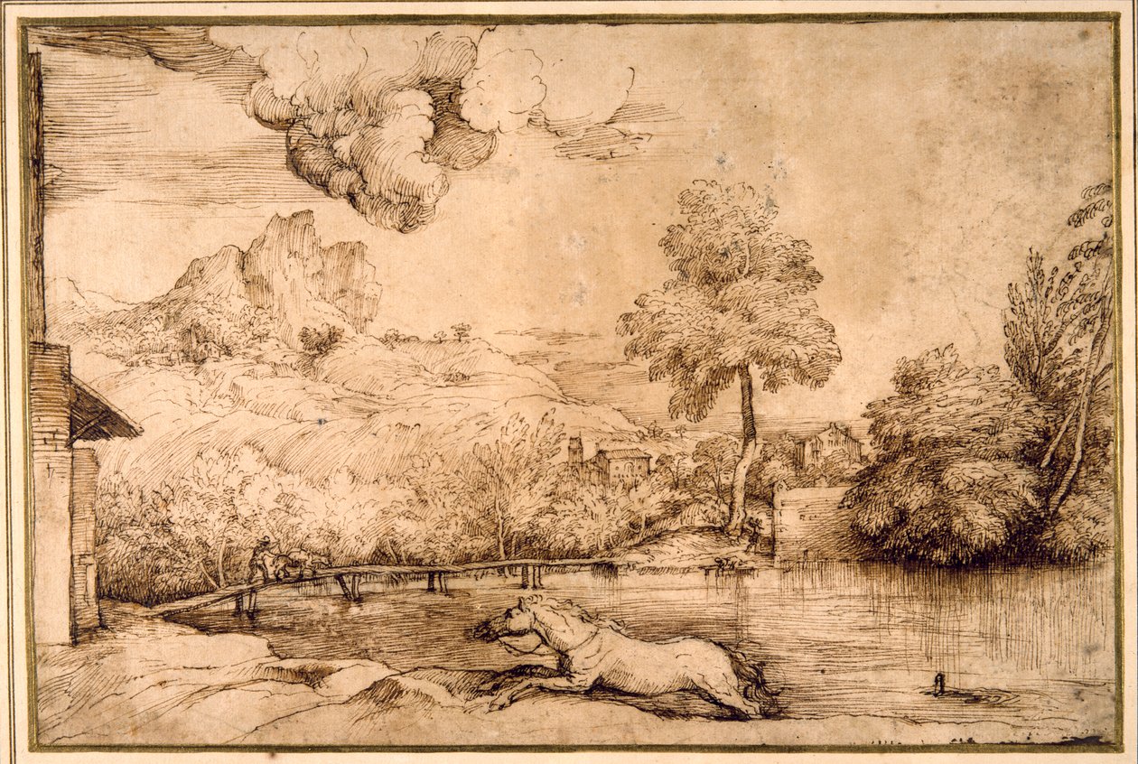 Krajobraz: koń bez jeźdźca ścigany przez węża (długopis i brązowy tusz na kremowym papierze) autorstwa Titian (c.1488 1576)