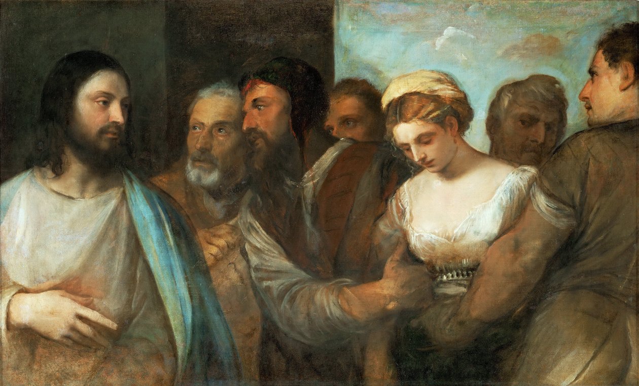 Le Christ et la femme adultere - Chrystus i kobieta przyłapana na cudzołóstwie, Tycjan (1488-1576). olej na płótnie, ok. 1520. Wymiar : 82,5x136,5 cm. Muzeum Historii Sztuki, Wiedeń autorstwa Tiziano Vecelli