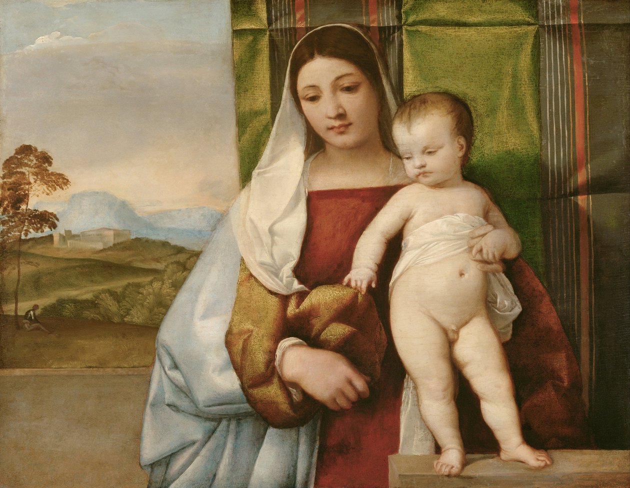 "Madonna zingarella" (La madone bohemienne) Obraz Tiziano (Tycjan lub Tycjan) (1488-1576) ok. 1510 - Olej na desce Wymiary 65,5x83,5 cm Muzeum Historii Sztuki, Wiedeń autorstwa Titian (c.1488 1576)
