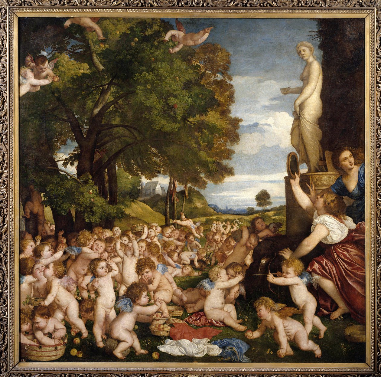 Offrande a Wenus Małe miłośniczki (aniołki) zbierają się, aby oddać hołd bogini Afrodycie - Obraz Tiziano Vecellio zwany Tycjanem (1485-1576) 1518 Nd. 1,72 X 1,75 m Madrid musee du Prado - Kult Wenus - Obraz Tiziano Vecellio zwany Tit autorstwa Tiziano Vecelli