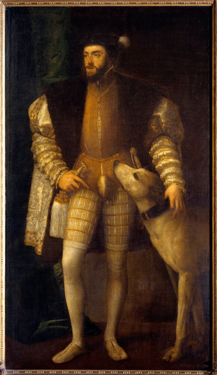 Portret cesarza Karola V (1500 - 1558) w wieku 35 lat ze swoim psem Sampere. Tiziano Vecellio dit Le Tycjan (1485-1576) autorstwa Tiziano Vecelli