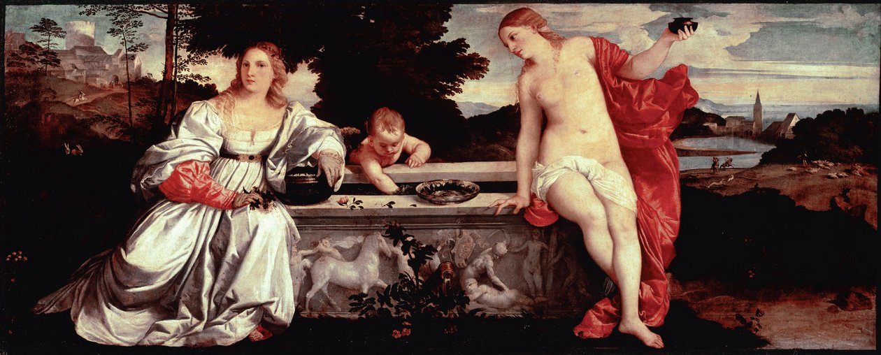 Święta miłość i świecka miłość Obraz Tiziano Vecellio zwany Tycjanem (1490-1576) ok. 1515 r. Słońce. 118x279 cm Rzym, Galleria Borghese - Miłość święta i bluźniercza - Obraz Tiziano Vecellio, zwany Tycjanem (ok.1488-1576), olej na płótnie, ca. 1515 (118x27 autorstwa Tiziano Vecelli