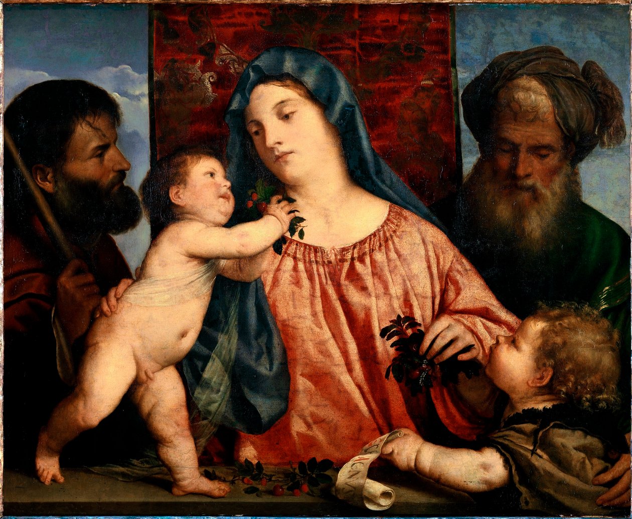 Madonna z Wiśni Święci Józef, Zachariasz i Jan Chrzciciel otaczają Maryję i Dzieciątko. Obraz Tiziano Vecellio zwany Tycjanem (ok. 1490-1576) 1515-1520 Słońce. 81x99,5 cm Wiedeń, Kunsthistorisches Museum, Austria autorstwa Tiziano Vecelli