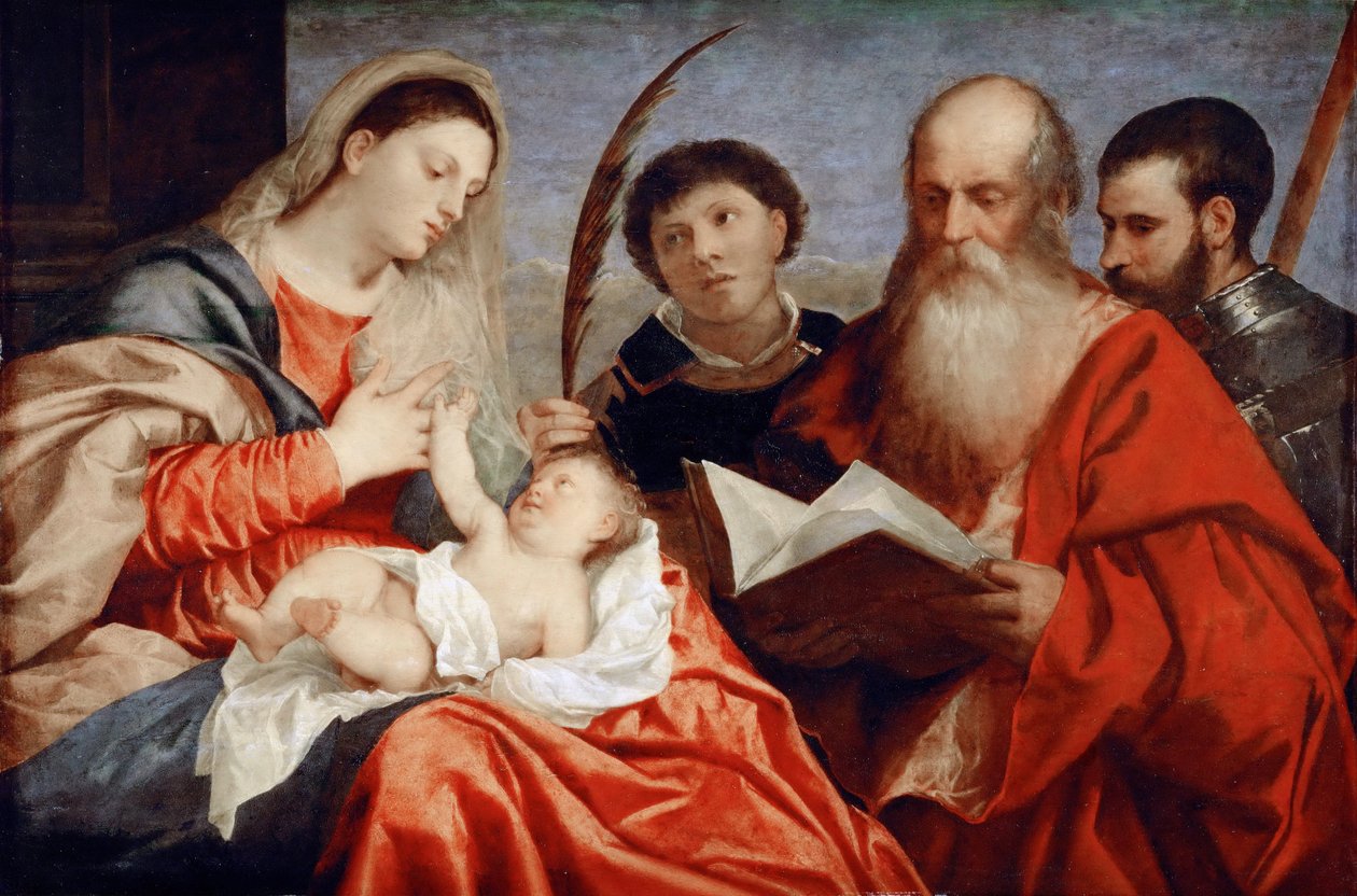 Dziewica z Dzieciątkiem ze świętymi Szczepanem, Hieronimem i Maurycym - Tycjanem (1488-1576). Olej na drewnie, ok. 1520. Wymiary: 92,7x138 cm. Muzeum Historii Sztuki, Wiedeń autorstwa Titian (c.1488 1576)