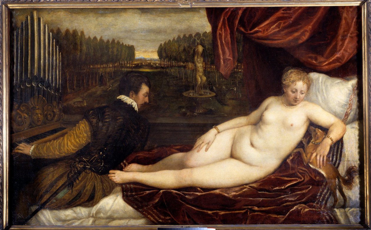 Koncert Un woman nude lie en pres un homme gra na organach. Obraz Tiziano Vecellio zwany Tycjanem (1485-1576) autorstwa Tiziano Vecelli