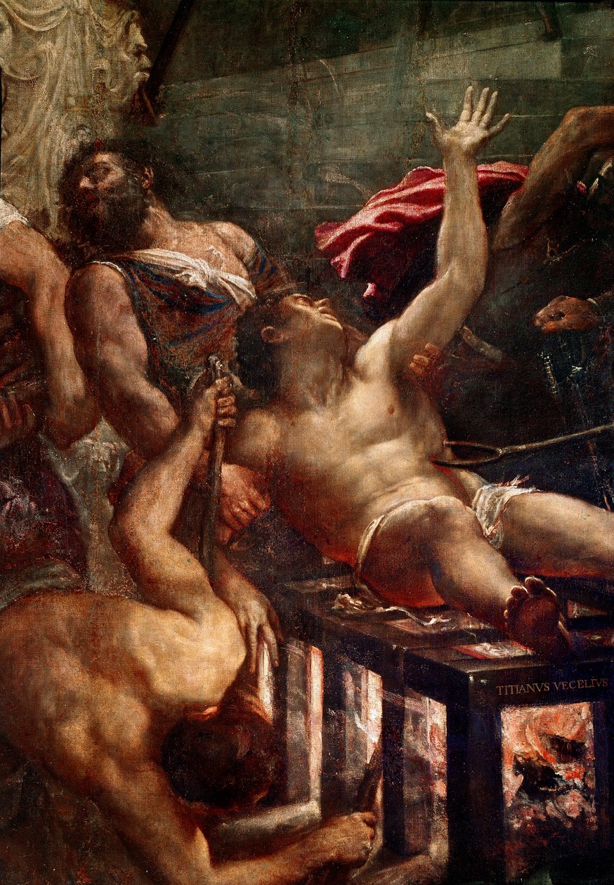 Męczeństwo św. Wawrzyńca Suplika św. Wawrzyńca na grillu w 258 r. w Rzymie. Szczegół. Obraz Tiziano Vecellio zwany Tycjanem (ok. 1490-1576) 1548-1559 Nd. 500x280 cm Wenecja, Kościół Jezuitów autorstwa Titian (c.1488 1576)
