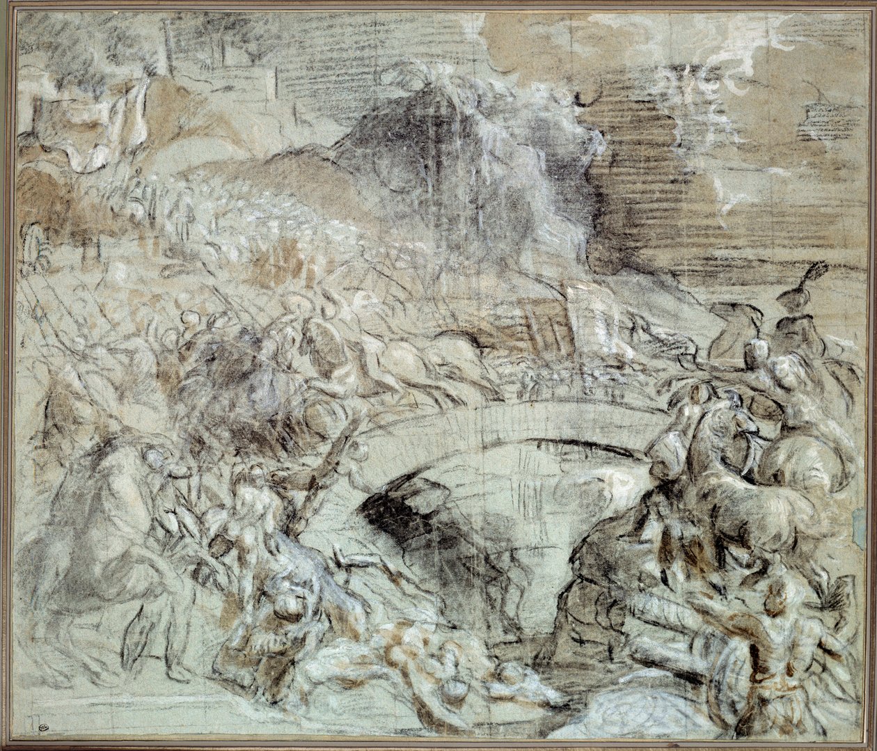 Wojny włoskie: „”Bitwa pod Cadore””” Bitwa, w której około 1508 r. miasto Pieve di Cadore sprzymierzyło się z Wenecjanami z oddziałami Maksymiliana I Habsburga. Rysunek czarnym kamieniem i pranie autorstwa Tiziano vecellio (1485-1576) zwanego Tycjanem. 16 autorstwa Tiziano Vecelli