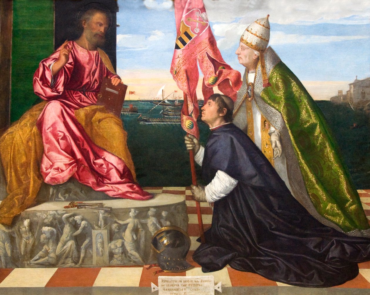 Niderlandzki: Jacopo Pesaro, biskup Pafos, ofiarowany przez papieża Aleksandra VI Borgię świętemu Piotrowi Jacopo Pesaro, biskup Pafos, ofiarowany przez papieża Aleksandra VI świętemu Piotrowi autorstwa Titian