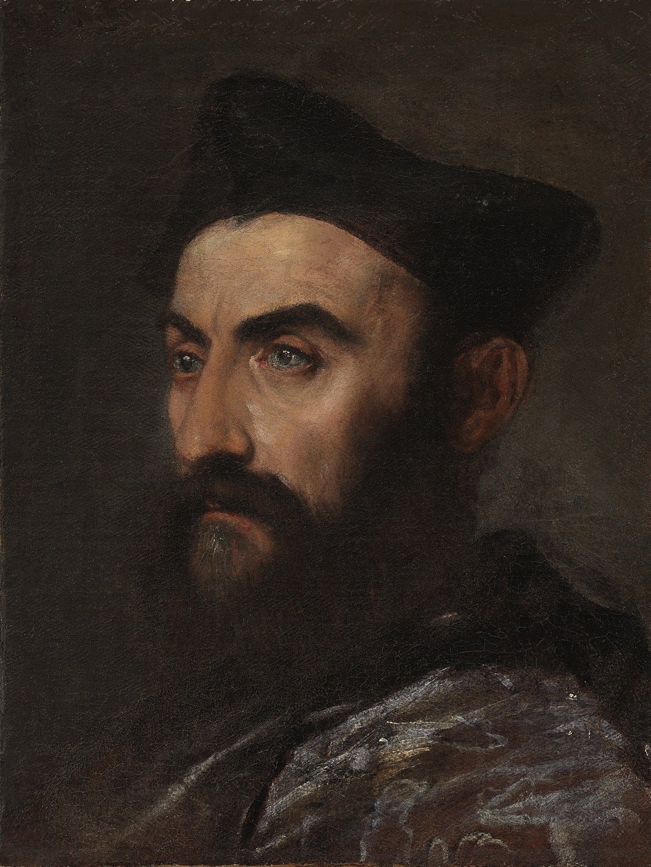 Portret duchownego, do biustu, w niebieskim płaszczu i czarnym kapeluszu - fragment autorstwa Tiziano Vecelli