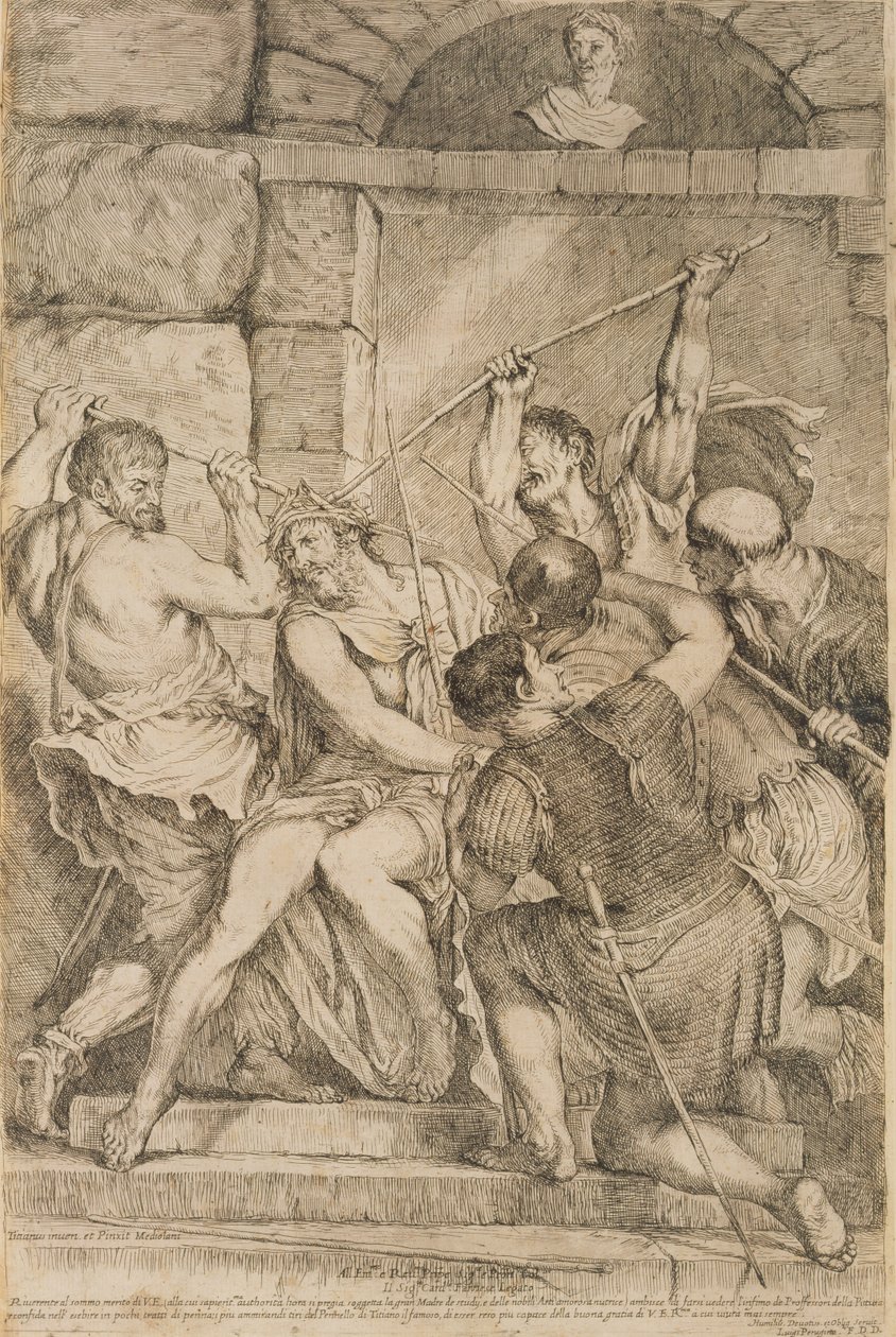 Ukoronowanie cierniem rytowane przez Luigiego Scaramuccię (1616-80) 1675 (zob. 60349) autorstwa Tiziano Vecelli
