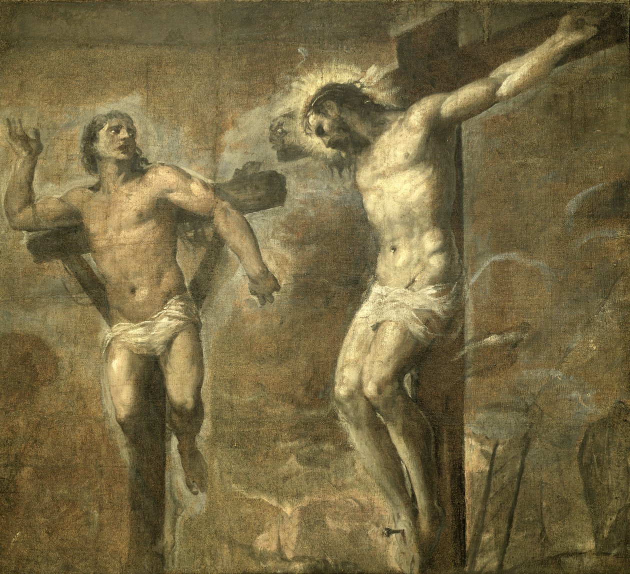 Chrystus na krzyżu i dobry łotr, ok. 1565 autorstwa Tiziano Vecelli