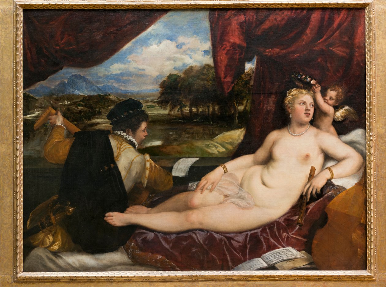 Wenus i Kupidyn z lutniarzem, 1555-65 autorstwa Tiziano Vecelli