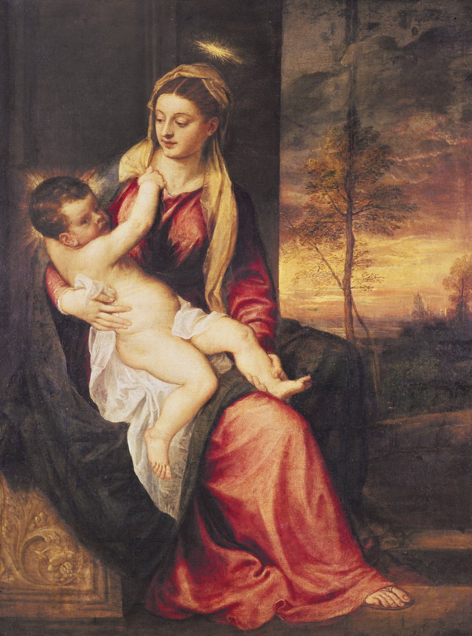 Mergelė su vaiku saulėlydžio metu, 1560 poli autorstwa Tiziano Vecelli