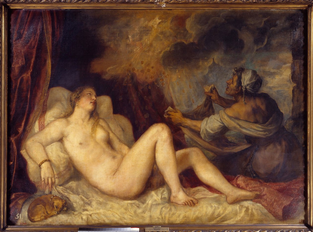 Danae otrzymująca złoty deszcz Zeus przybywa do Danae, aby go uwieść w postaci deszczu złotych monet. Obraz Tiziano Vecellio pt. Tycjan (1488-1576) 1553 Sun. 1,29x1,8 m Madryt, Muzeum Prado autorstwa Tiziano Vecelli