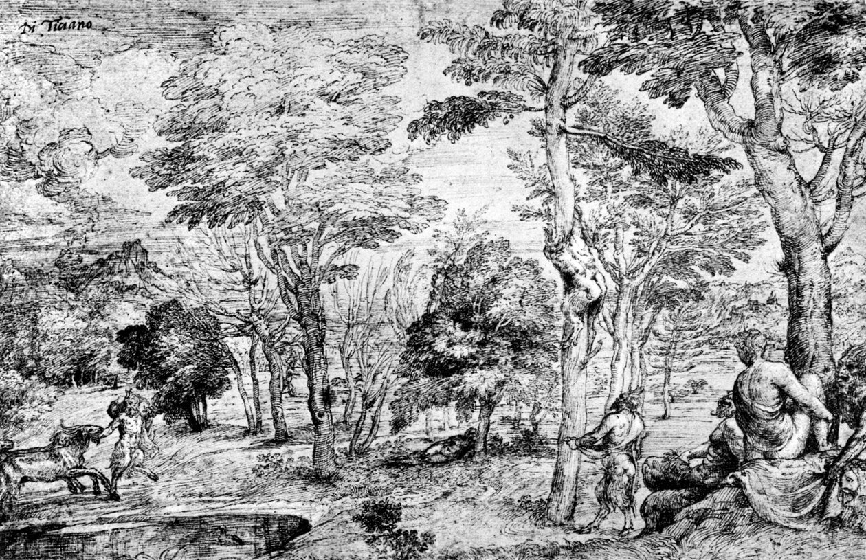 Pejzaż z Satyrami, c1530-1540, 1937 autorstwa Tiziano Vecelli