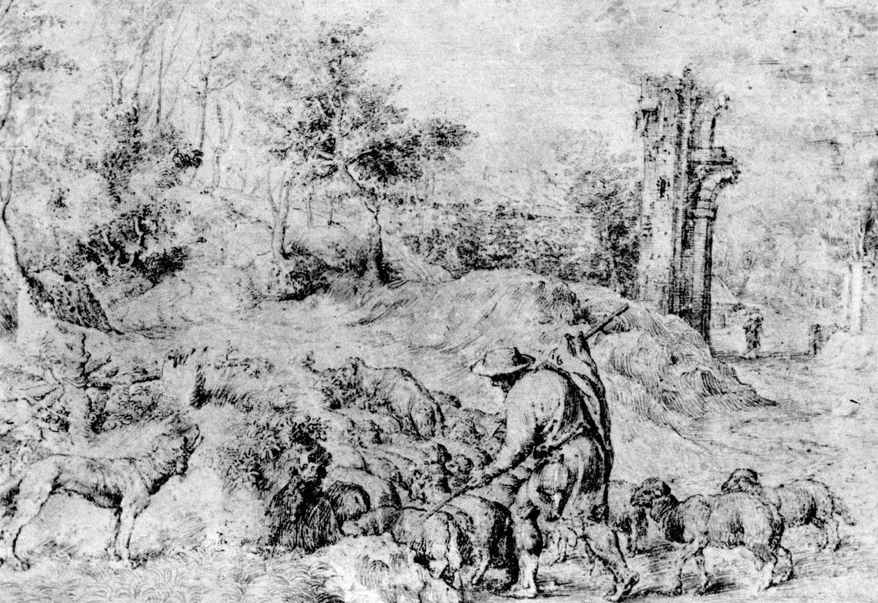 Pejzaż z pasterzem i stadem, c1520, 1937 autorstwa Tiziano Vecelli