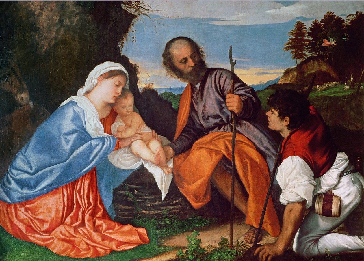 Święta Rodzina i pasterz, ok. 1510 r. autorstwa Tiziano Vecelli