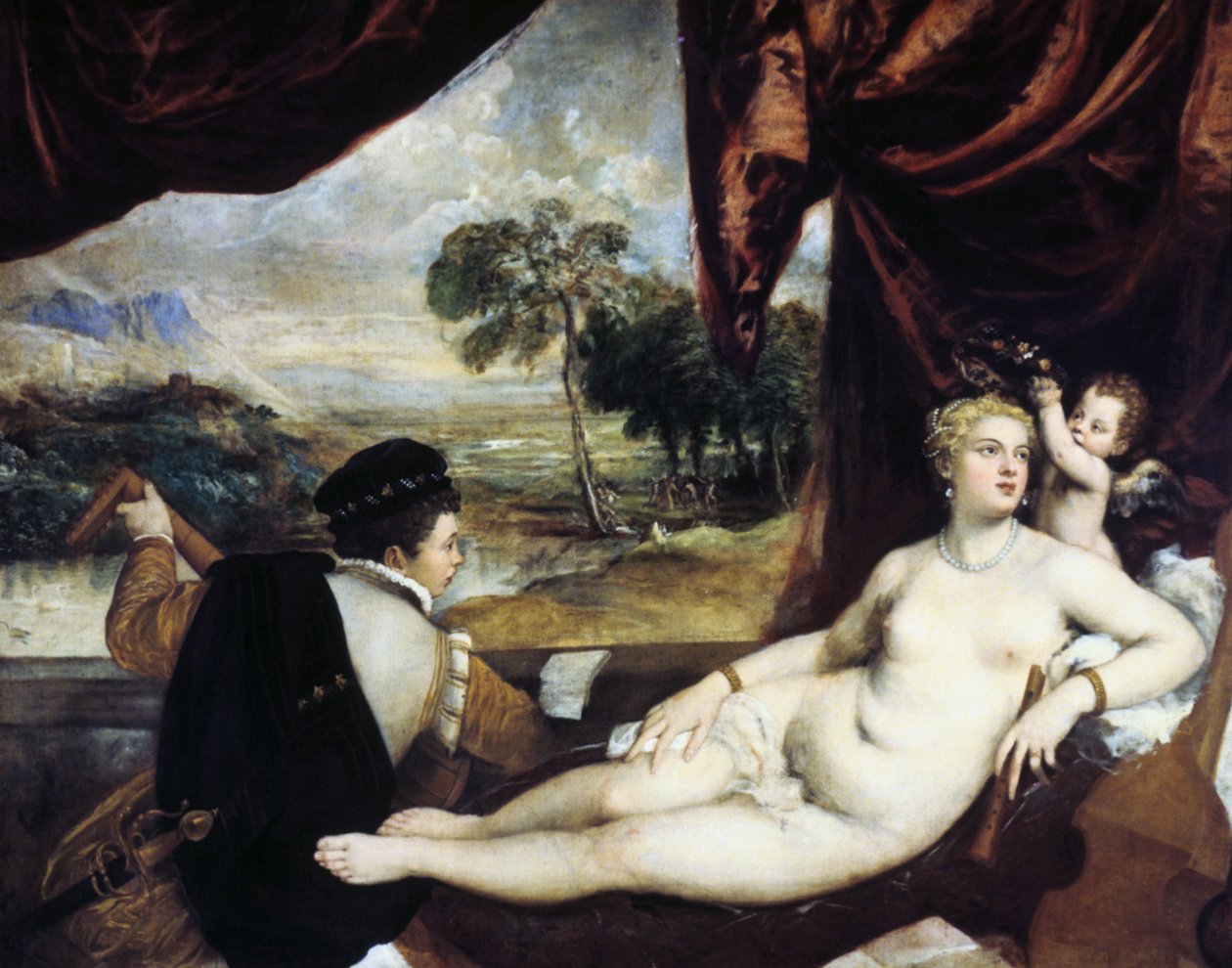 Wenus i lutniarz, c1565-1570 autorstwa Tiziano Vecelli