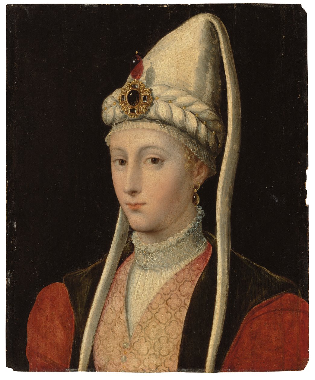 Portret kobiety, prawdopodobnie Haseki Hürrem Sultan, zwanej Roxelaną, do biustu, w stroju osmańskim, z wysadzanym klejnotami nakryciem głowy autorstwa Tiziano Vecelli