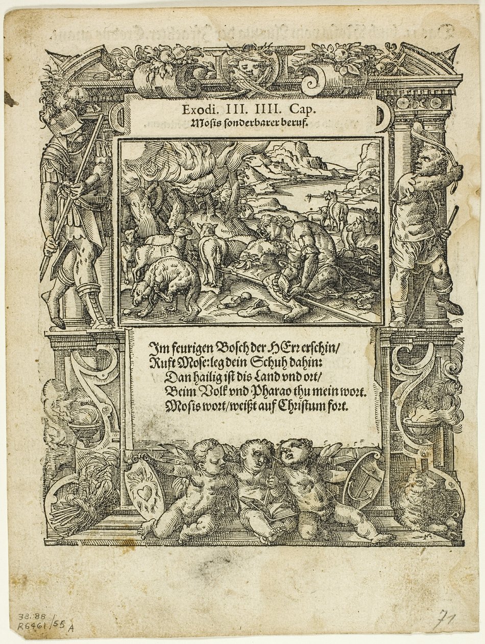 Mojżesz i gorejący krzew (recto) oraz Dzieciątko Mojżesz wrzucone do rzeki (verso) z Neue künstliche Figuren biblischer Historien, tablica 55 z drzeworytów z ksiąg XVI w. autorstwa Tobias Stimmer