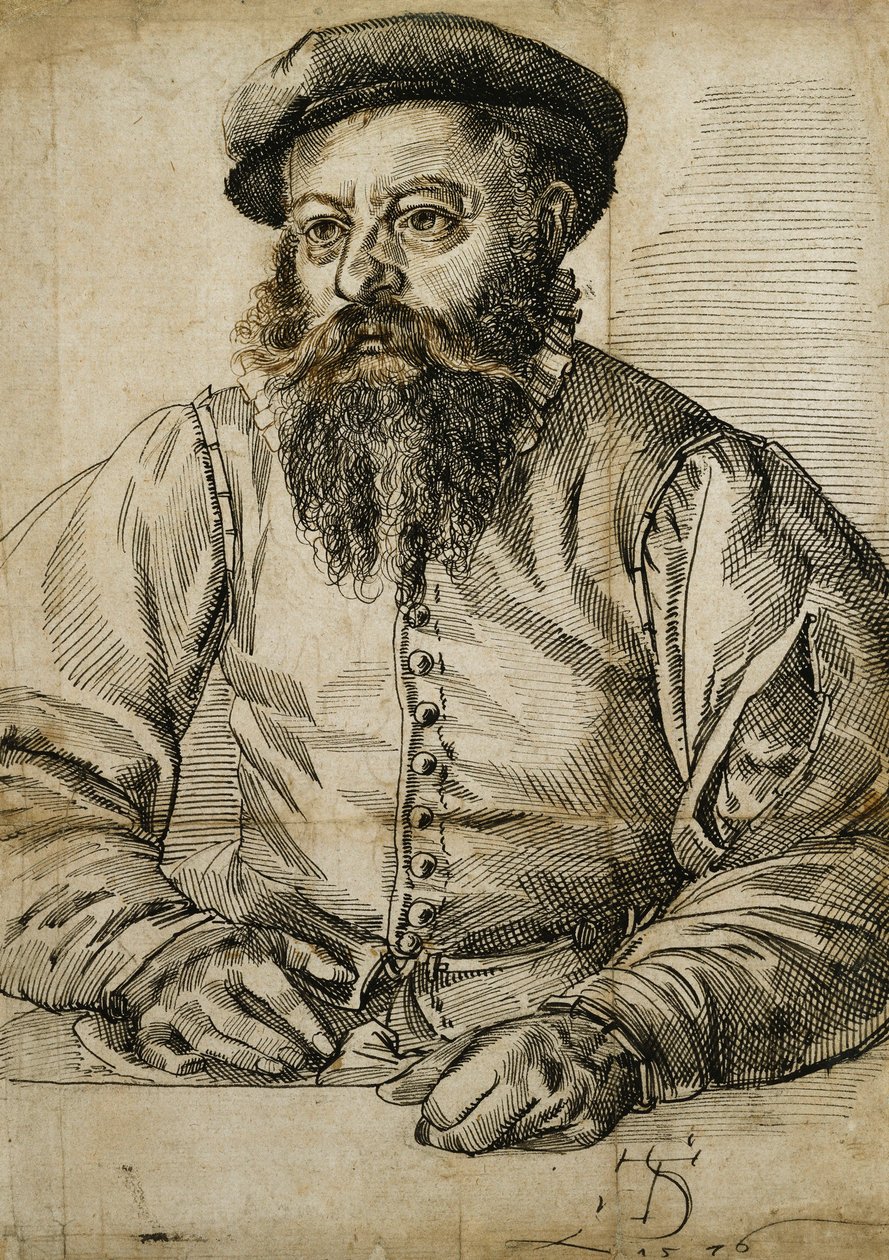 Portret brodatego mężczyzny, do połowy długości, siedzącego przy stole, autorstwa Tobias Stimmer