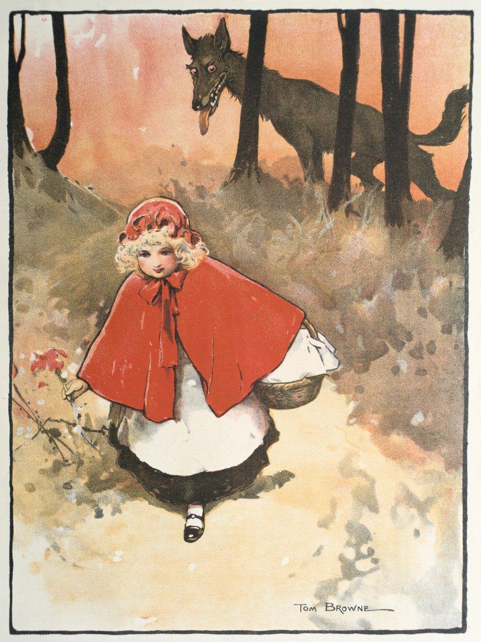 Czerwony Kapturek w drodze do babci obserwowany przez złowrogiego, skradającego się wilka. Ilustracja Toma Browne