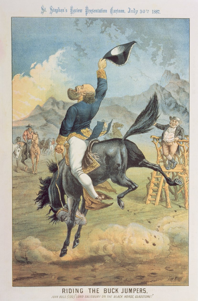 Dosiadający Buck Jumpers, Lord Salisbury na czarnym koniu, Gladstone, z 