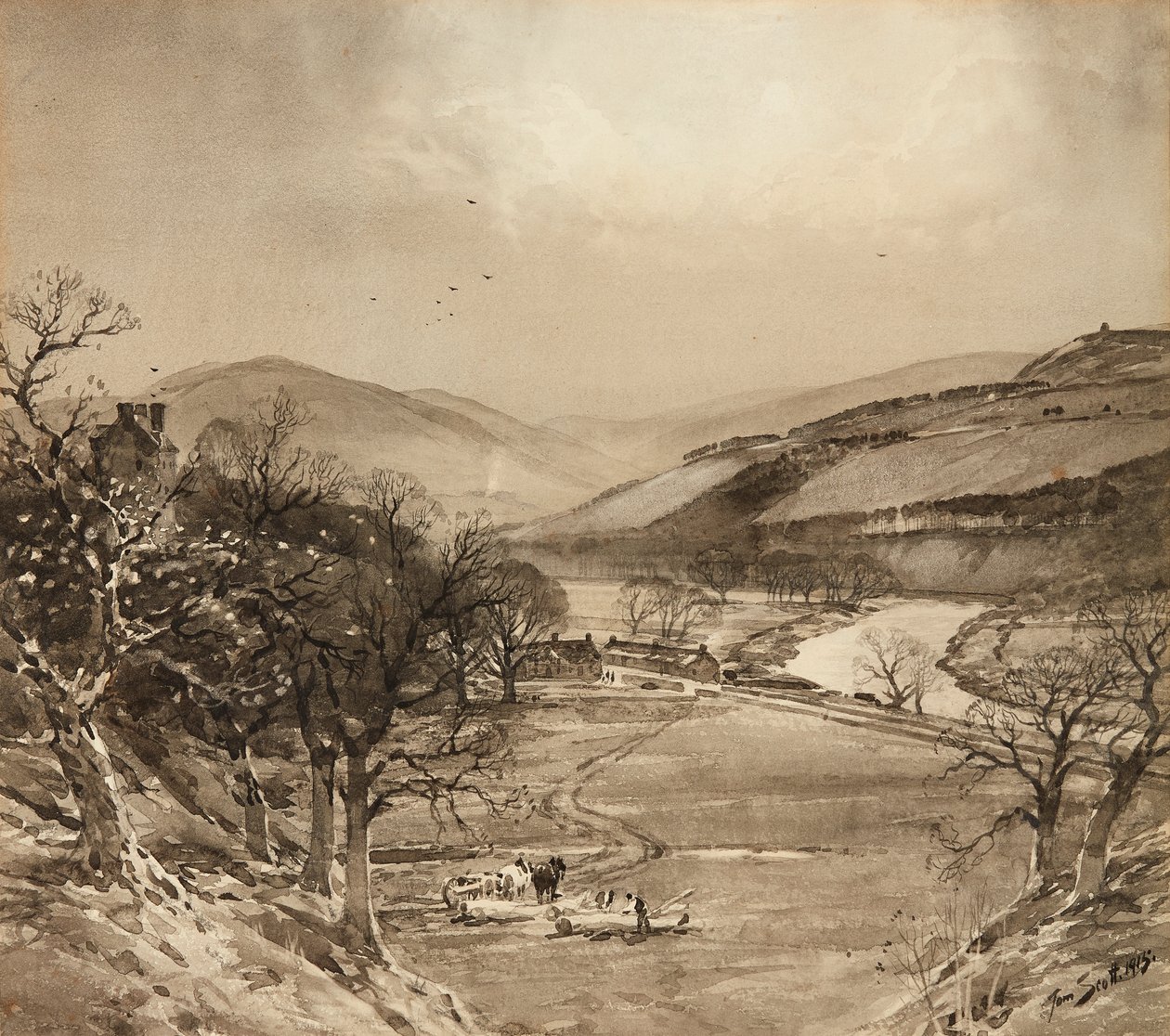Dolina Ettrick w pobliżu Selkirk (grisaille) autorstwa Tom Scott