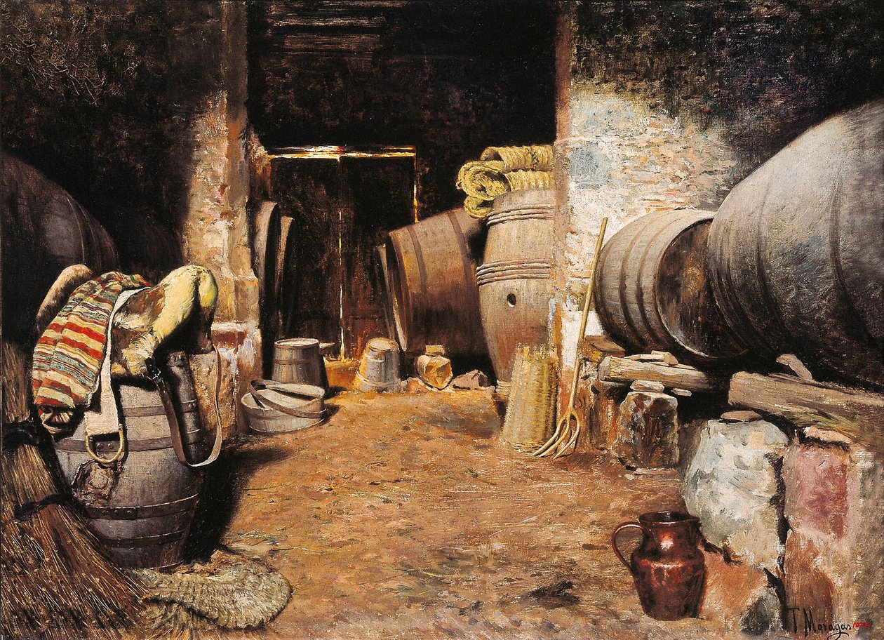Wnętrze komórki. Stodoła z beczkami w sianie i siodle dla konia. Obraz Tomasa Moragasa Y Torrasa (1837-1906), koniec XIX wieku. Olej na płótnie. Barcelona, Narodowe Muzeum Sztuki Katalonii. autorstwa Tomas Moragas y Torras