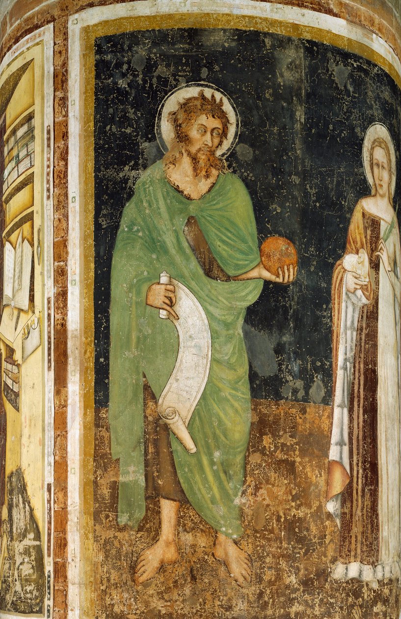 Św. Agnieszka i Św. Jan Chrzciciel, fragment kolumny zdobiony przez Tommaso da Modena (1325 lub 1326-przed 1379), fresk, kościół św. Mikołaja, Treviso, Włochy autorstwa Tomaso da (late 15th century) Modena