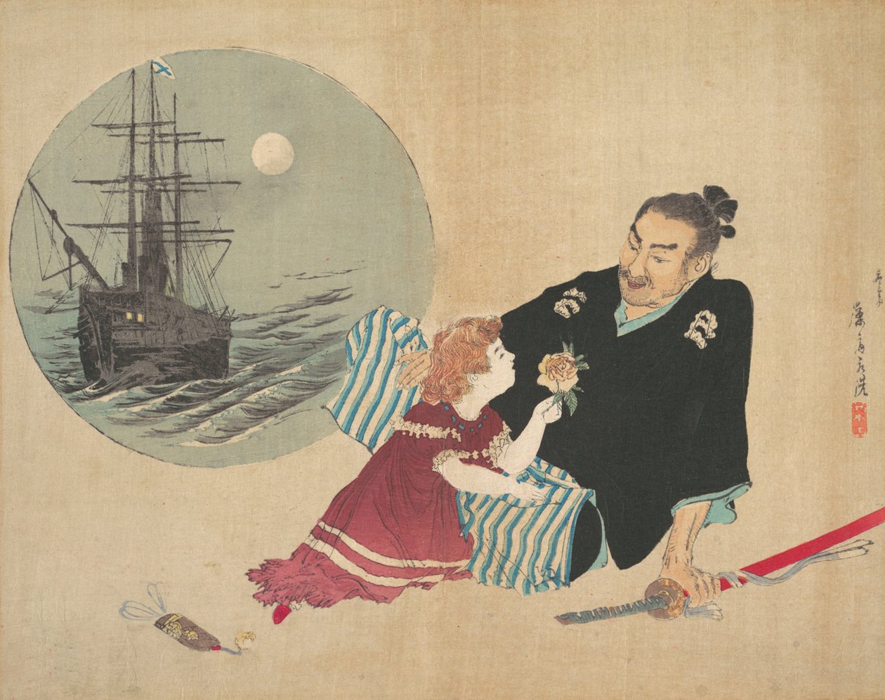 Czarny statek, Kurofune, ilustracja z Klubu Literackiego Bugei Kurabu. autorstwa Tomioka Eisen