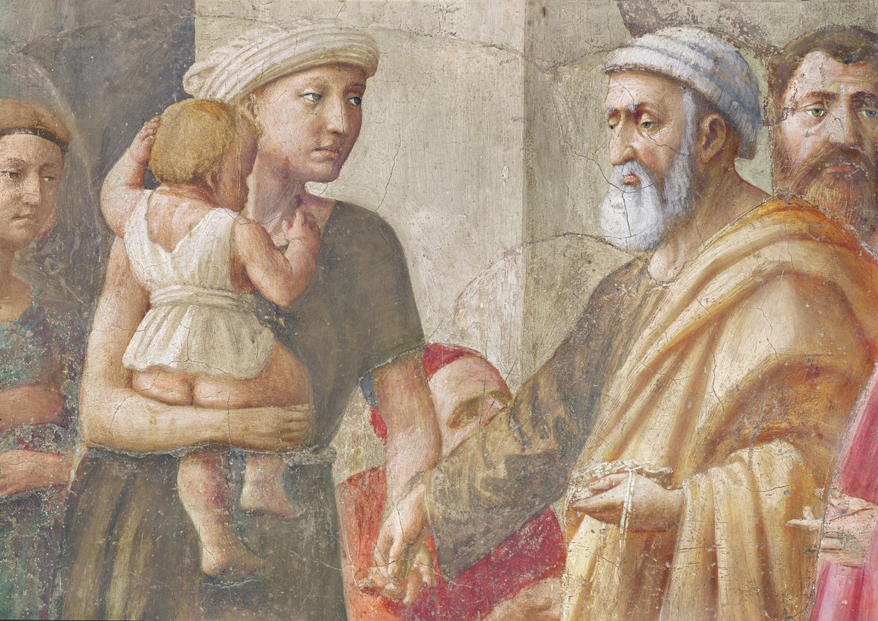Fragment przedstawiający św. Piotra i kobietę z dzieckiem, ze św. Piotra i św. Pawła Rozdaje jałmużnę, ok. 1426 (fresk) (detal z 57194) autorstwa Tommaso Masaccio