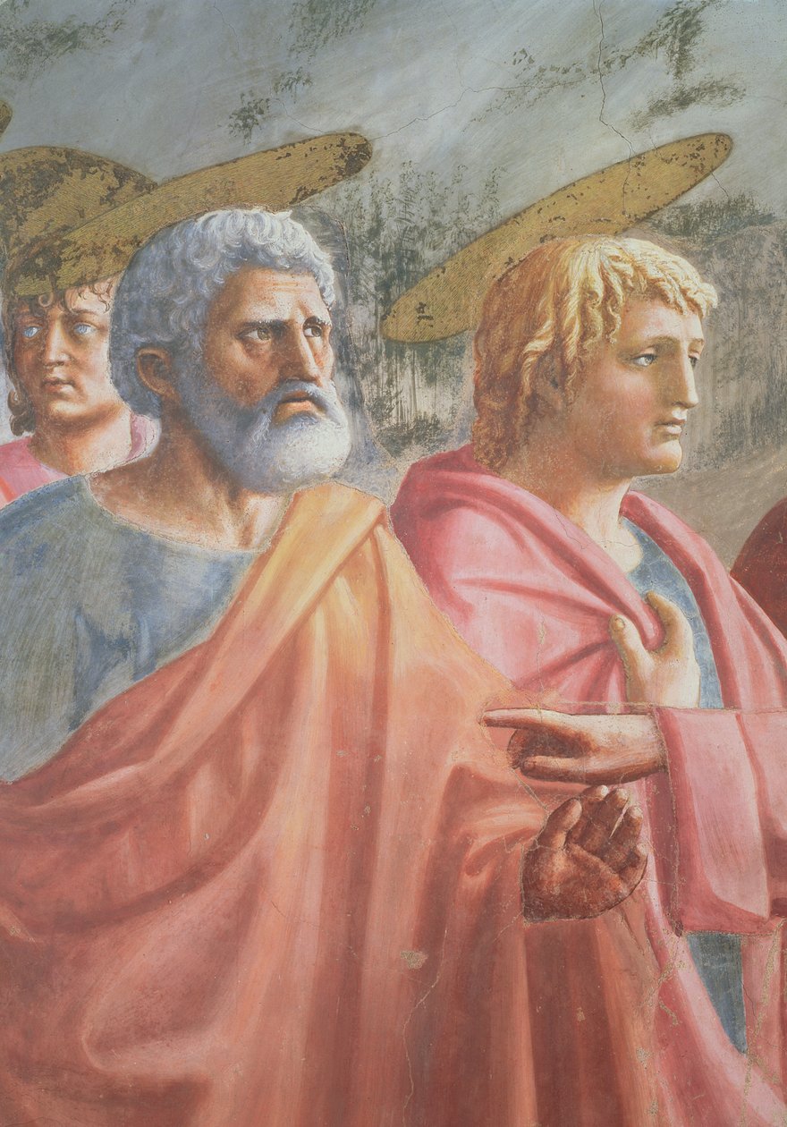 Pieniądze na daninę: św. Piotr nakazany przez Chrystusa do połowu ryb, także św. Jan Ewangelista, ok. 1427 autorstwa Tommaso Masaccio