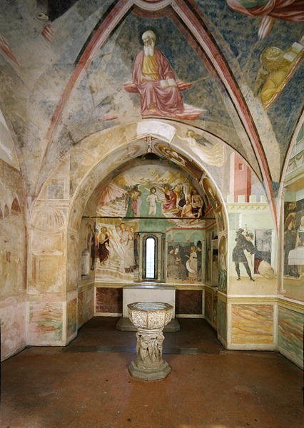 Wnętrze baptysterium z freskiem przedstawiającym sceny z życia św. Jana, autorstwa Tommaso Masolino da Panicale (1383-c.1447) autorstwa Tommaso Masolino da Panicale