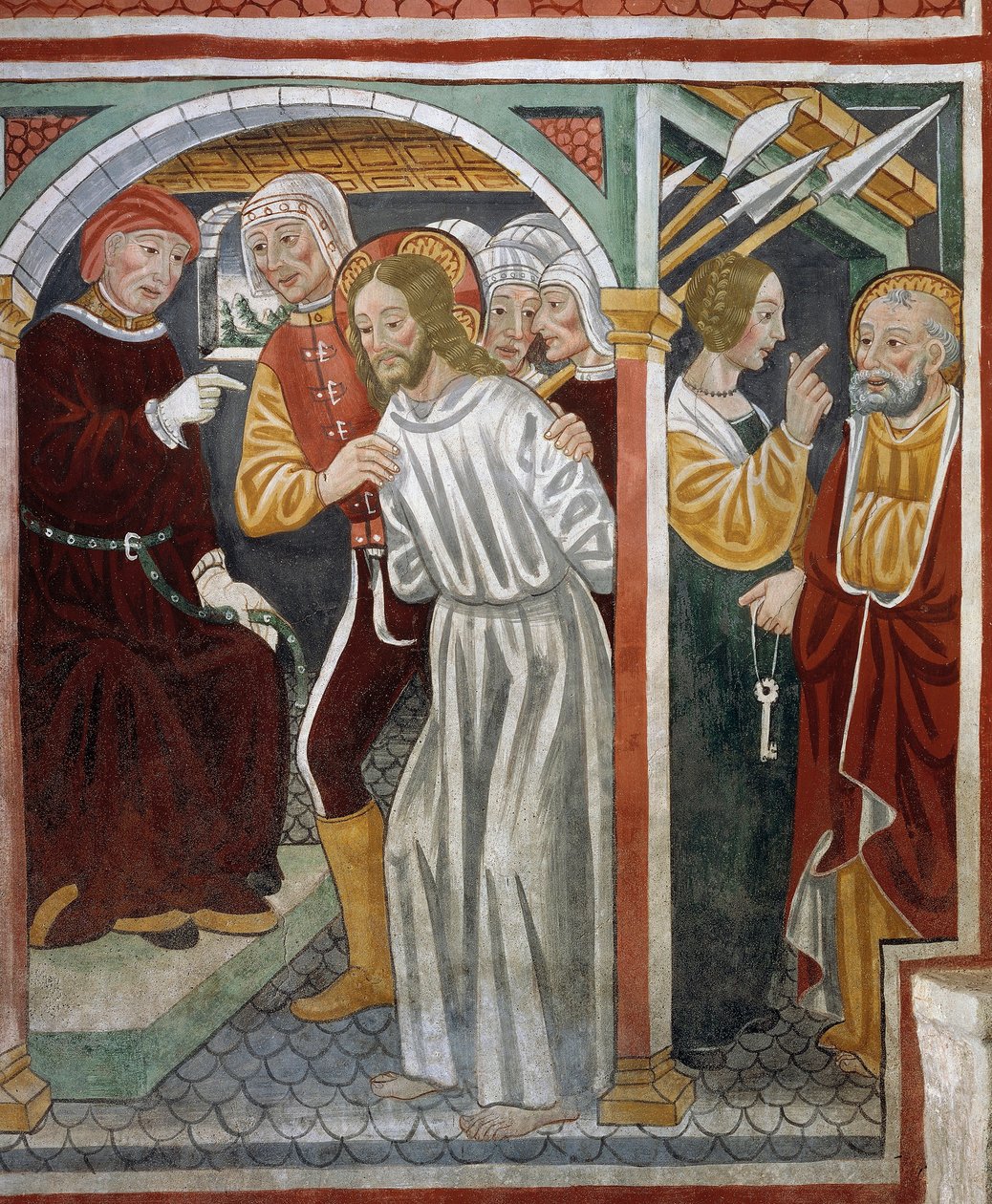 Jezus przed Najwyższym Kapłanem, Piotrem i służącą autorstwa Tommaso (active 1479 1509) (workshop) Cagnola