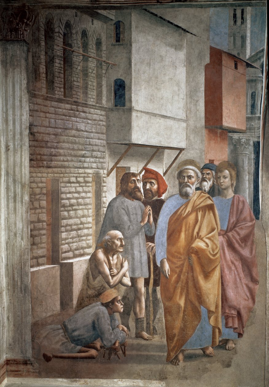 Święty Piotr uzdrawiający chorego swoim cieniem - Cień św. Piotra guerit des malades - Fresk autorstwa Tommaso di ser Giovanni di Mone Cassai dit Masaccio (1401-1428), 229,8x161,9 cm autorstwa Tommaso Masaccio