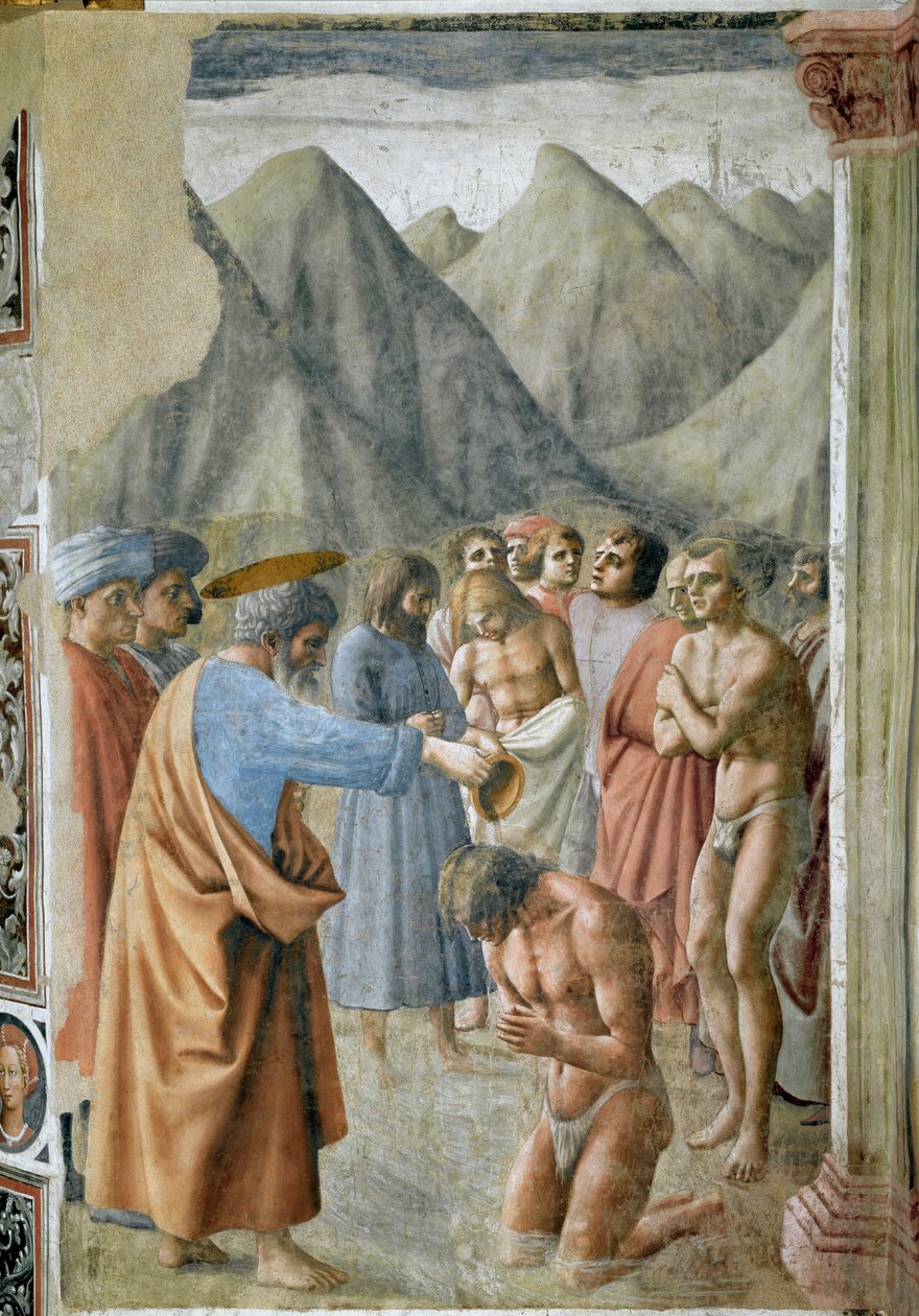 Święty Piotr chrzczący neofitów (św. Piotr chrzczący neofitów) Fresk Masaccio (Tommaso di ser Giovanni di Mone Cassai) (1401-1428) 1425-1427 Wymiary 229,9x161,9 cm Florencja Kościół Santa Maria del Carmine, kaplica Brancaccich autorstwa Tommaso Masaccio
