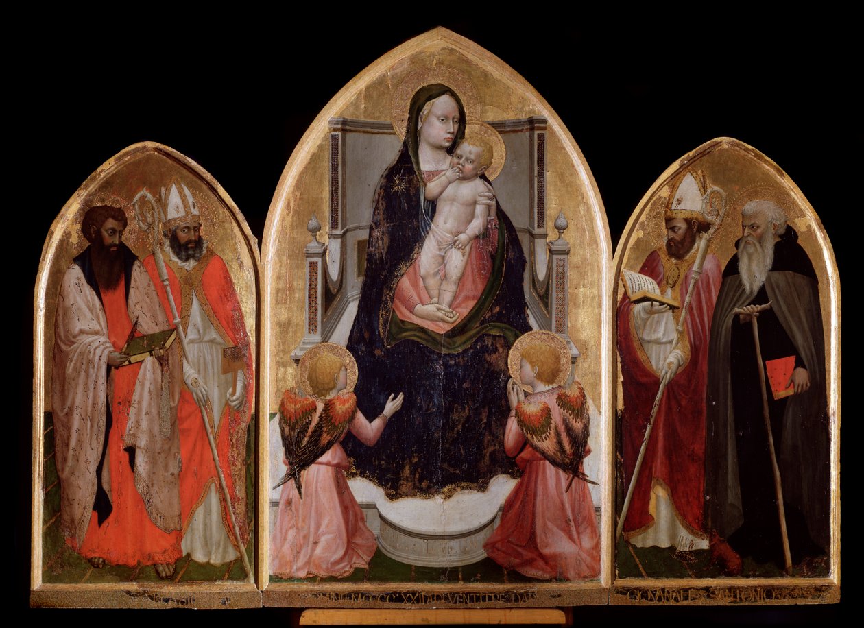 Tryptyk San Giovenale: Dziewica z Dzieciątkiem, lewy panel ze św. Bartłomiejem i św. Błażejem, a prawy panel przedstawia św. Juwenala (Giovenale) - ołtarz autorstwa Tommaso Masaccio