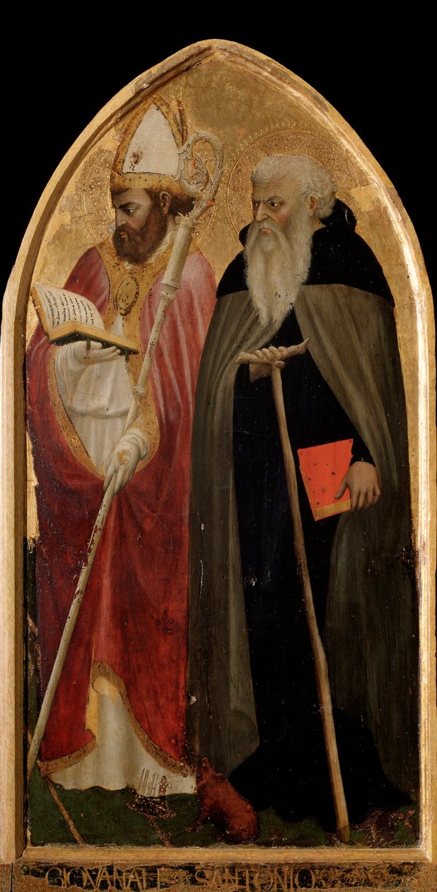 Tryptyk San Giovenale: prawy panel ze św. Antonim Wielkim i św. Juwenalem (Giovenale) - ołtarz autorstwa Tommaso Masaccio