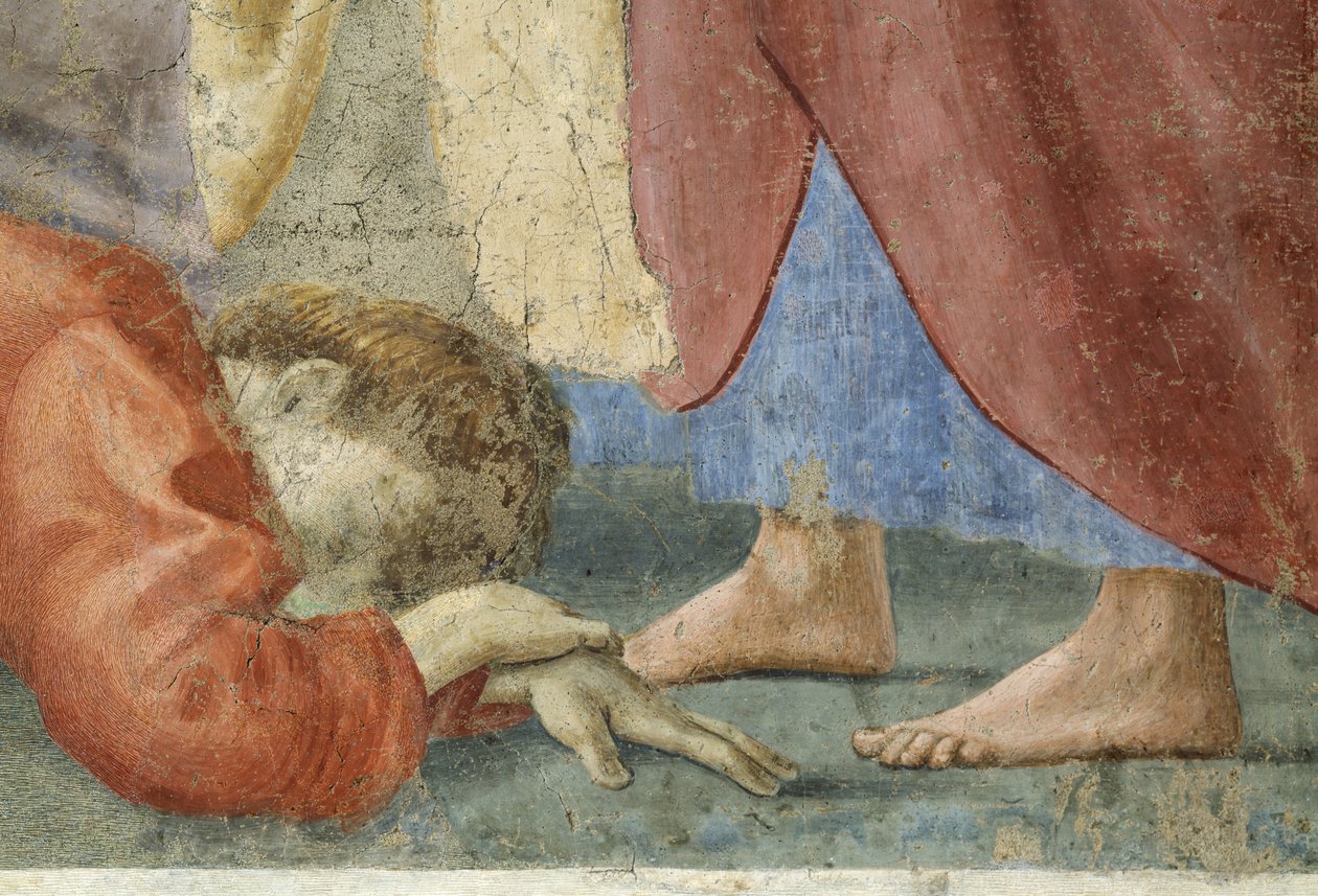 Św. Piotr Dystrybucja dóbr wspólnych Kościoła i śmierć Ananiasza, Szczegół Ananiasza, zmarłego u stóp Św. Piotra, fresk z ok. 1427 r., patrz także 57194, 63322 i 63323 autorstwa Tommaso Masaccio