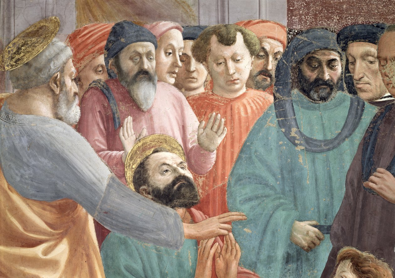 Wskrzeszenie syna Teofila, króla Antiochii Szczegół SS. Piotr i Paweł i twarze w tłumie, ok. 1427 fresk zob. także 63302 autorstwa Tommaso Masaccio