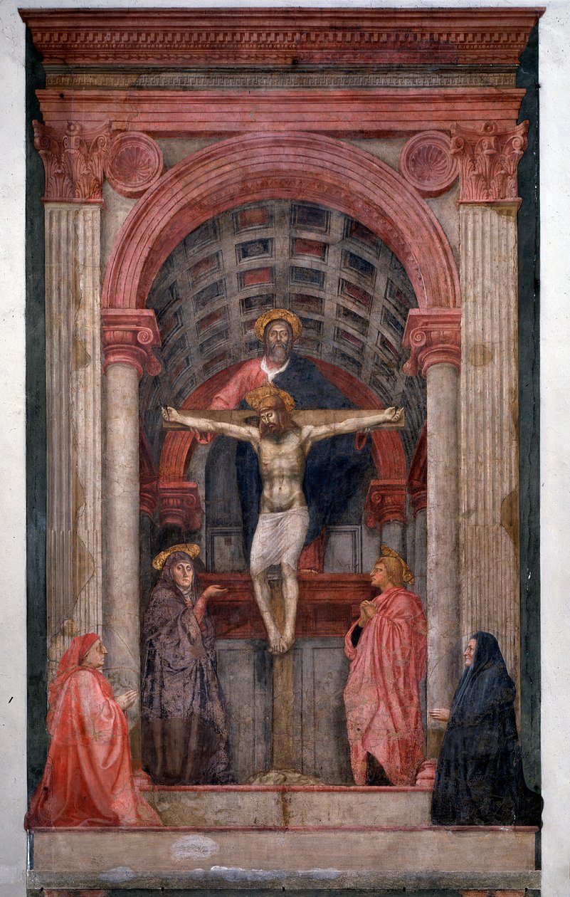 Bóg Trójcy, Jezus Chrystus krzyżuje otacza św. Jana i Dziewicę dwoma darczyńcami - Fresco autorstwa Tommaso Masaccio